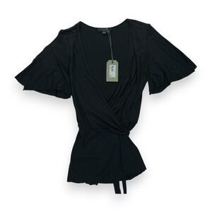 NWT ALLSAINTS Amira Wrap Top Women's Size XS Black Short Sleeve Made in Portugal